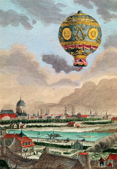 View from the terrace of Monsieur Franklin at Passy of the first flight under the direction of Monsieur de Montgolfier, 21st November 1783 by French School